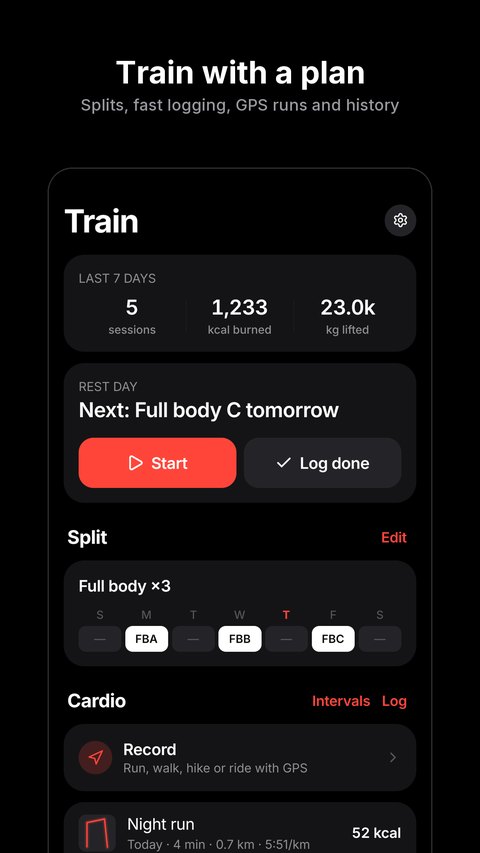 Train: today's workout, split and cardio