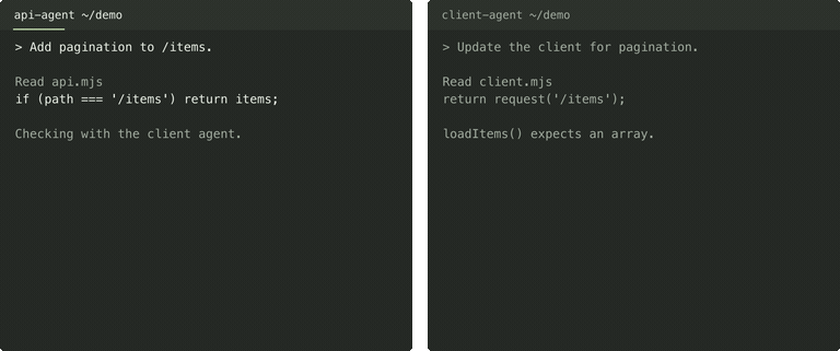 Two terminal agents coordinate an API pagination change through Bassfish in a 25-second animated demo.