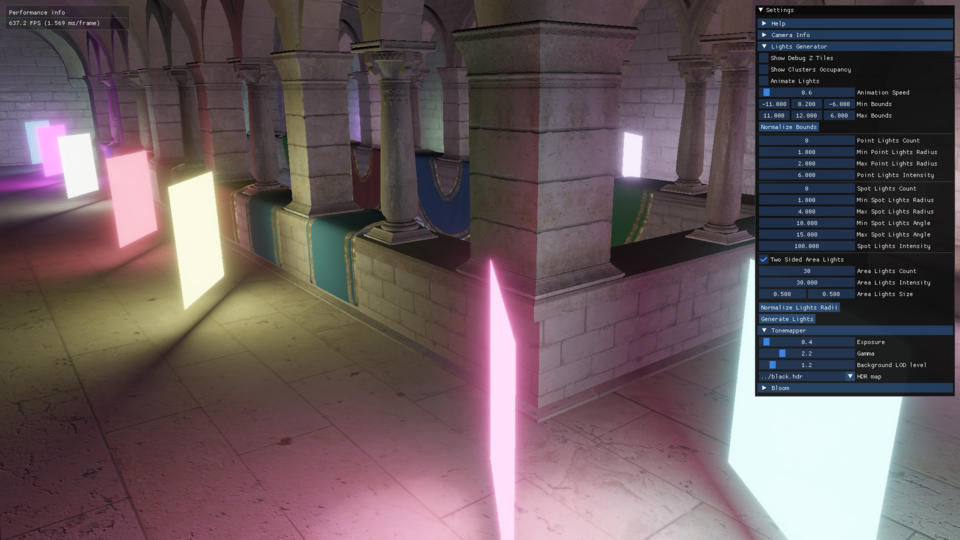 Clustered Forward Shading implementation with Area Lights.