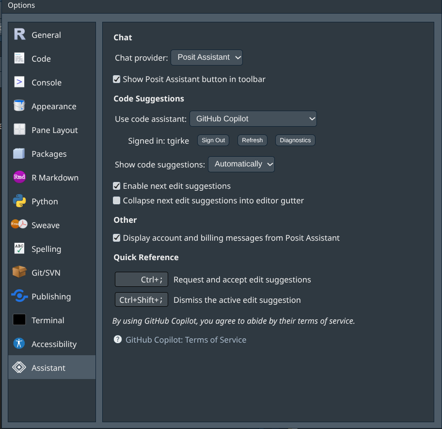 Copilot settings in RStudio