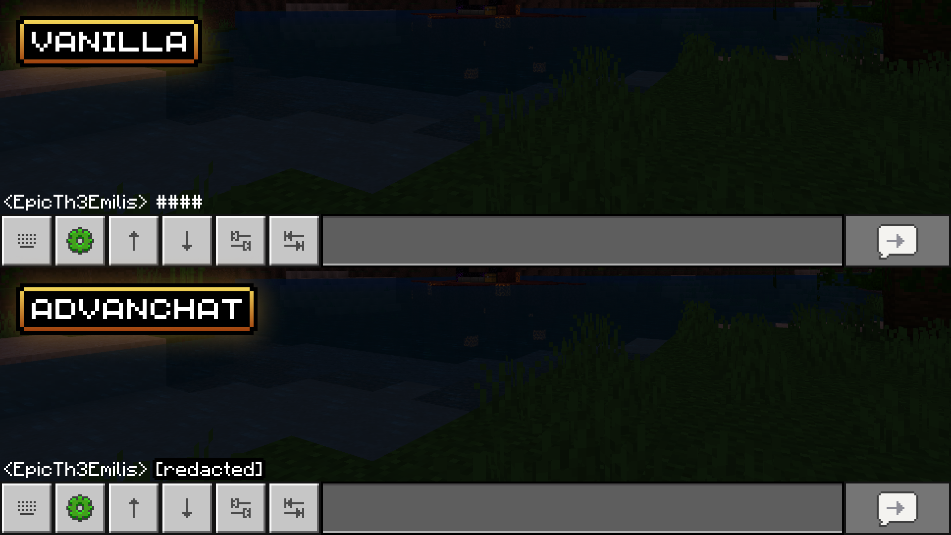 In-game screenshot comparing the way EpicTh3Emilis’s message is displayed in vanilla Minecraft versus with Advanchat activated. The revealed message is redacted.