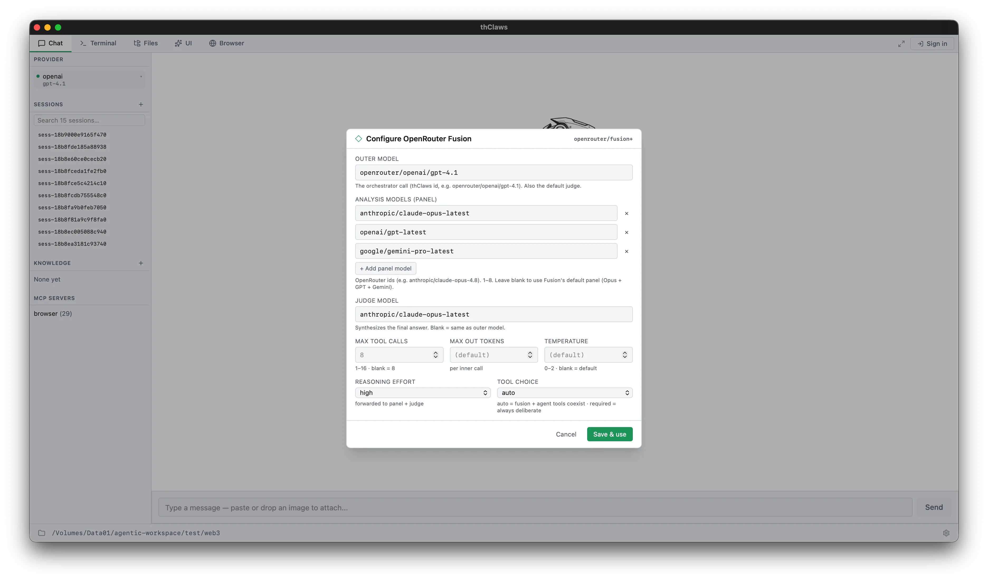 thClaws — configuring the OpenRouter Fusion panel, judge, and limits