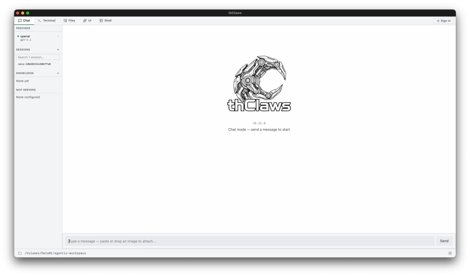 thClaws GUI — cycling through Chat, Terminal, and Shell (Claude Code) tabs