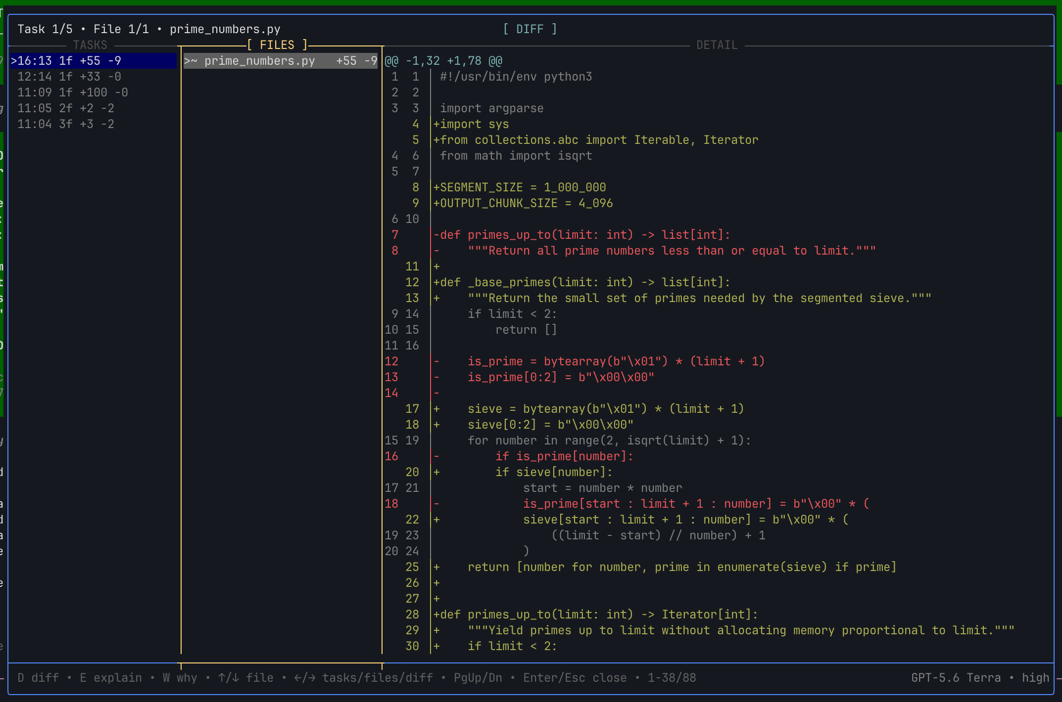 Task history and unified diff