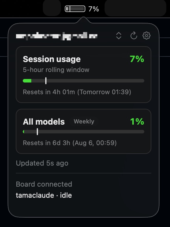 The menu bar panel: session usage, weekly usage, and the board's state