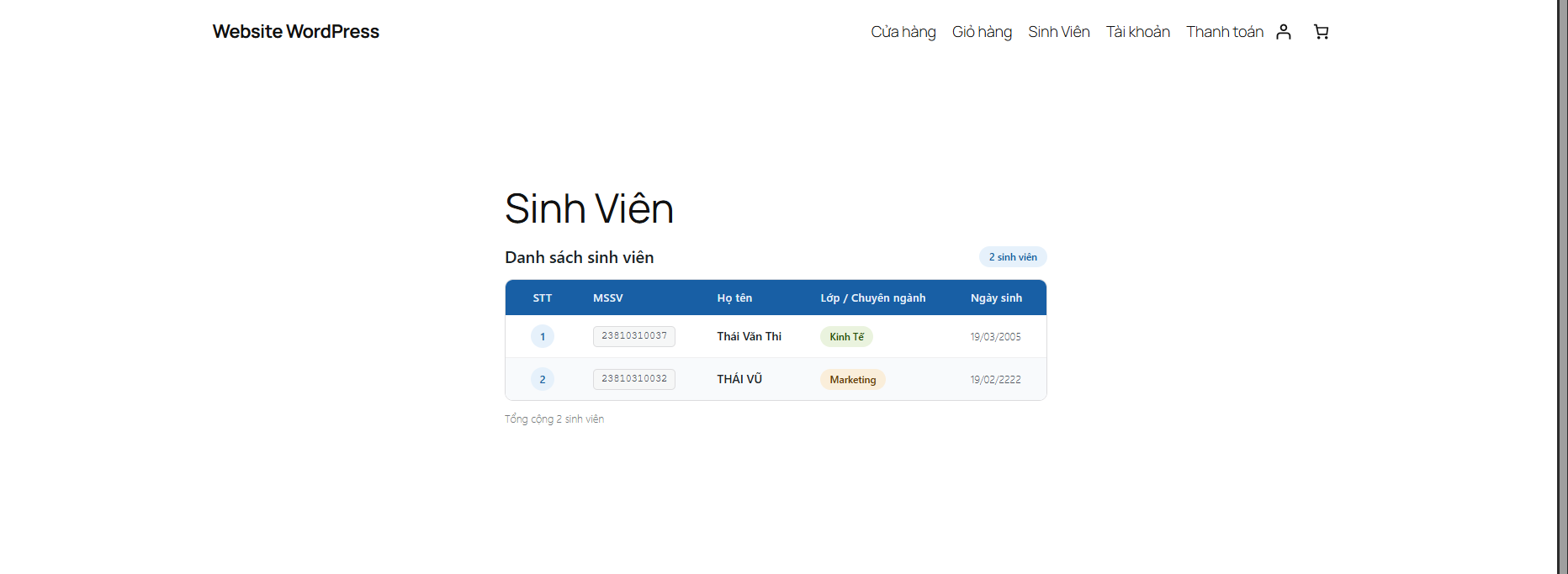 Bảng danh sách sinh viên frontend