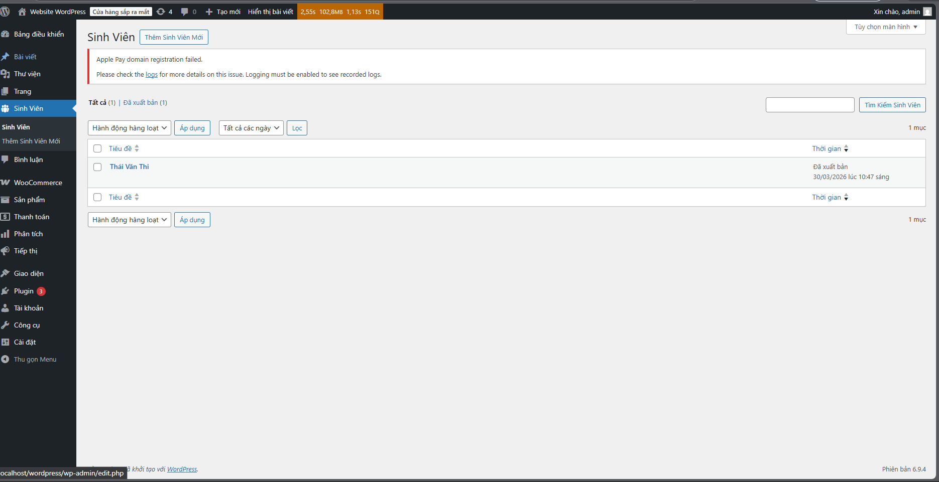 Danh sách sinh viên trong WordPress Admin