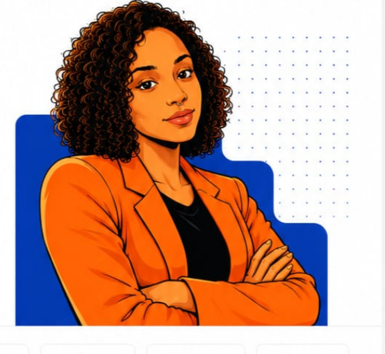 Ilustração de Thalita Gonçalves com cabelo cacheado, piercing no septo e blazer laranja
