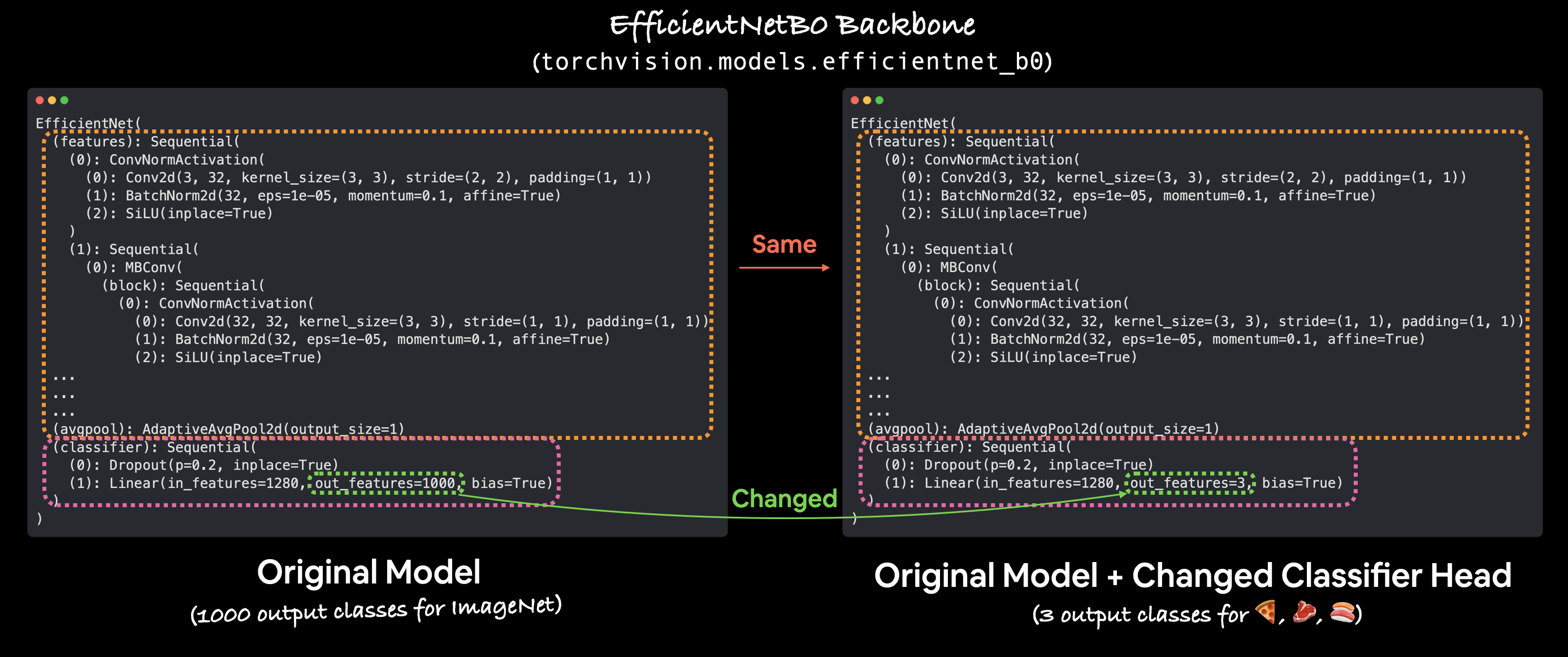 changing the efficientnet classifier head to a custom number of outputs