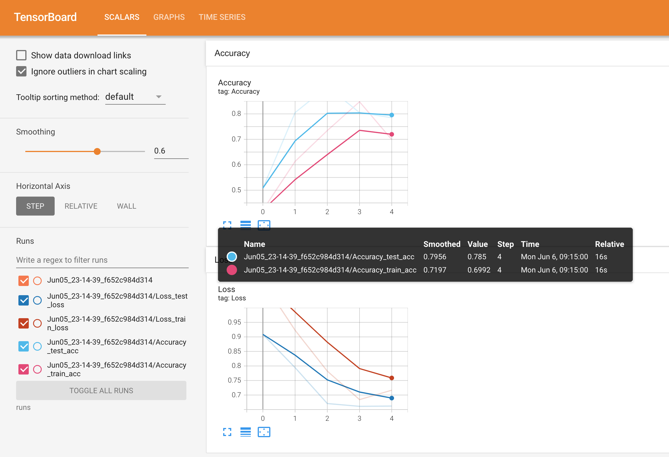 output of viewing a single experiment in tensorboard