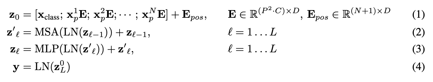 four mathematical equations from the vision transformer machine learning paper