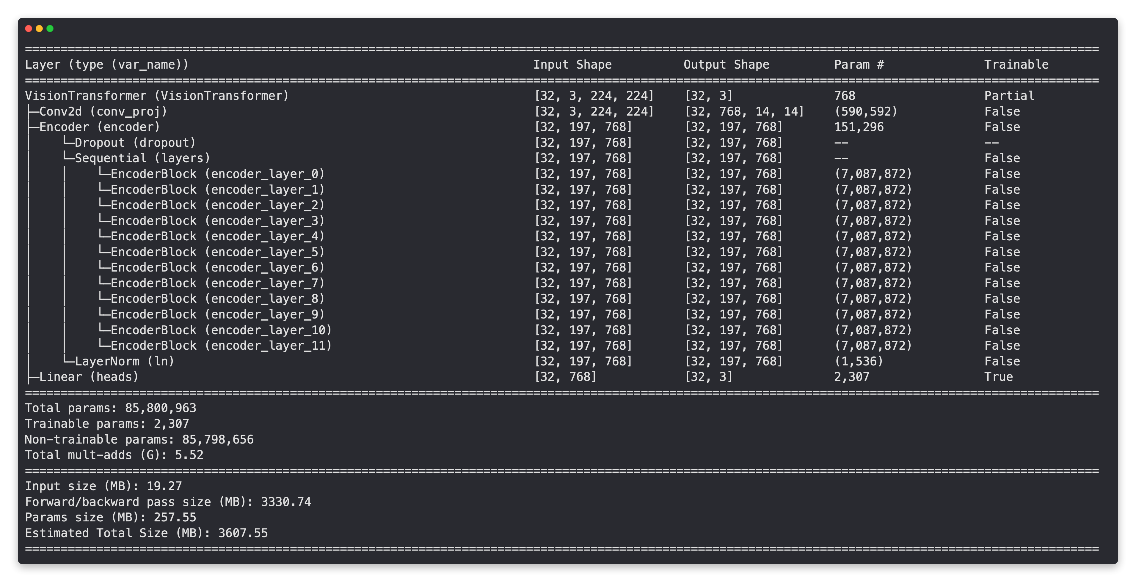 output of pytorch pretrained ViT model summary