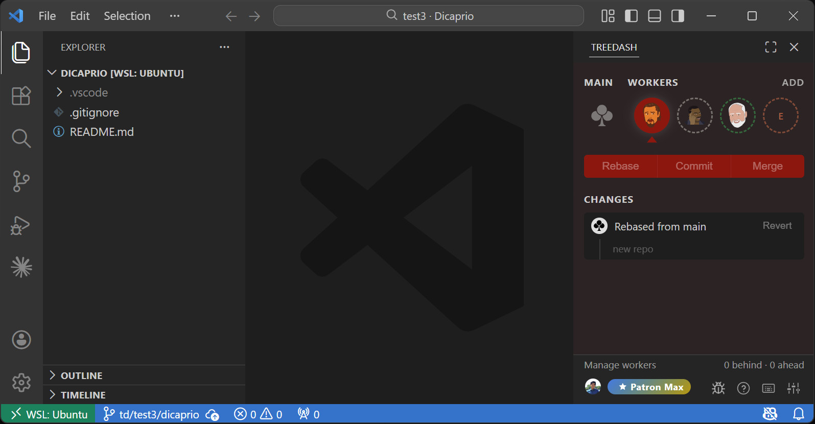 Worker view — rebase from main with revert support
