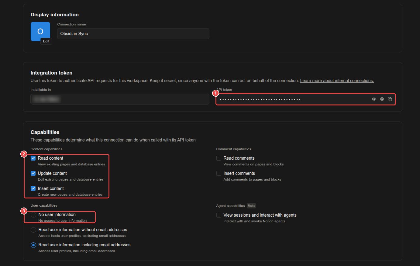 The Configuration tab: API token and capabilities