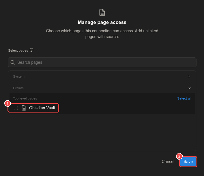 Selecting the page the connection can access