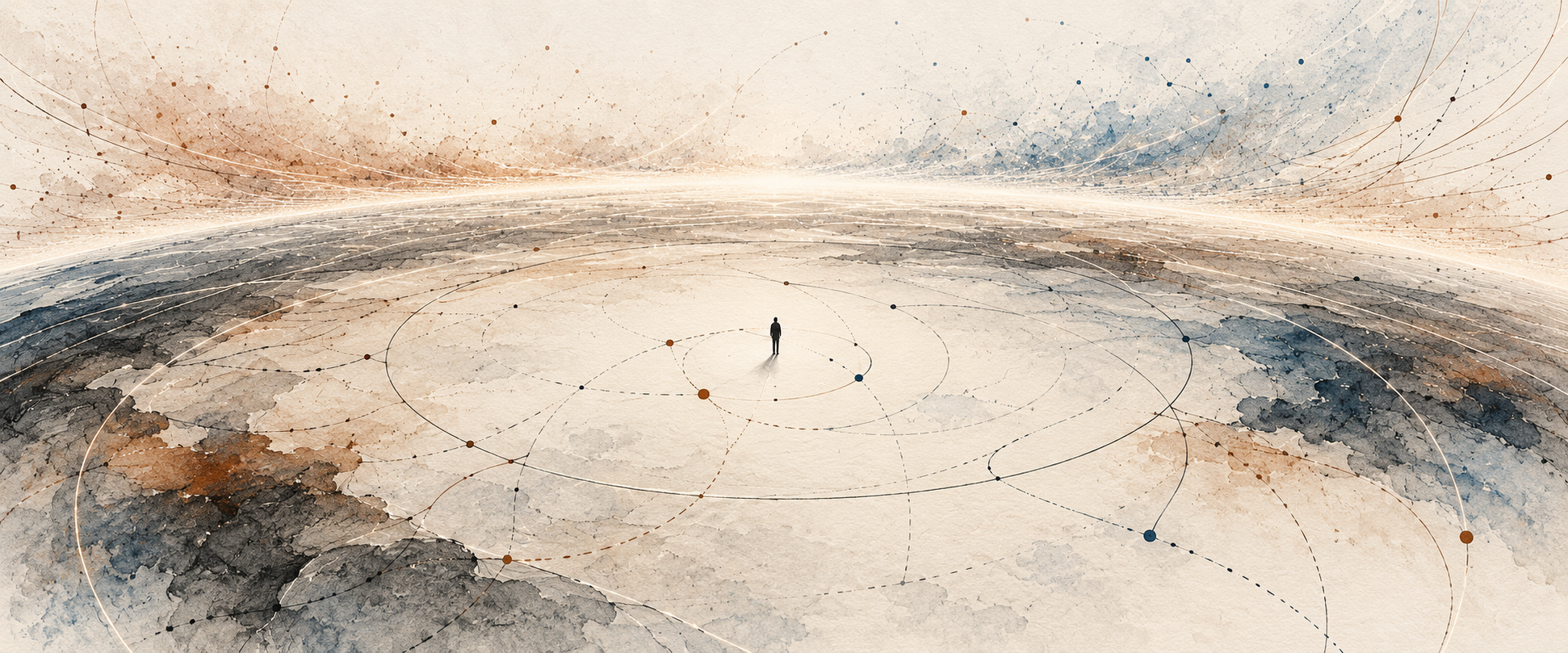 A finite observer inside a bounded field of observation, with paths leading toward an unreachable horizon