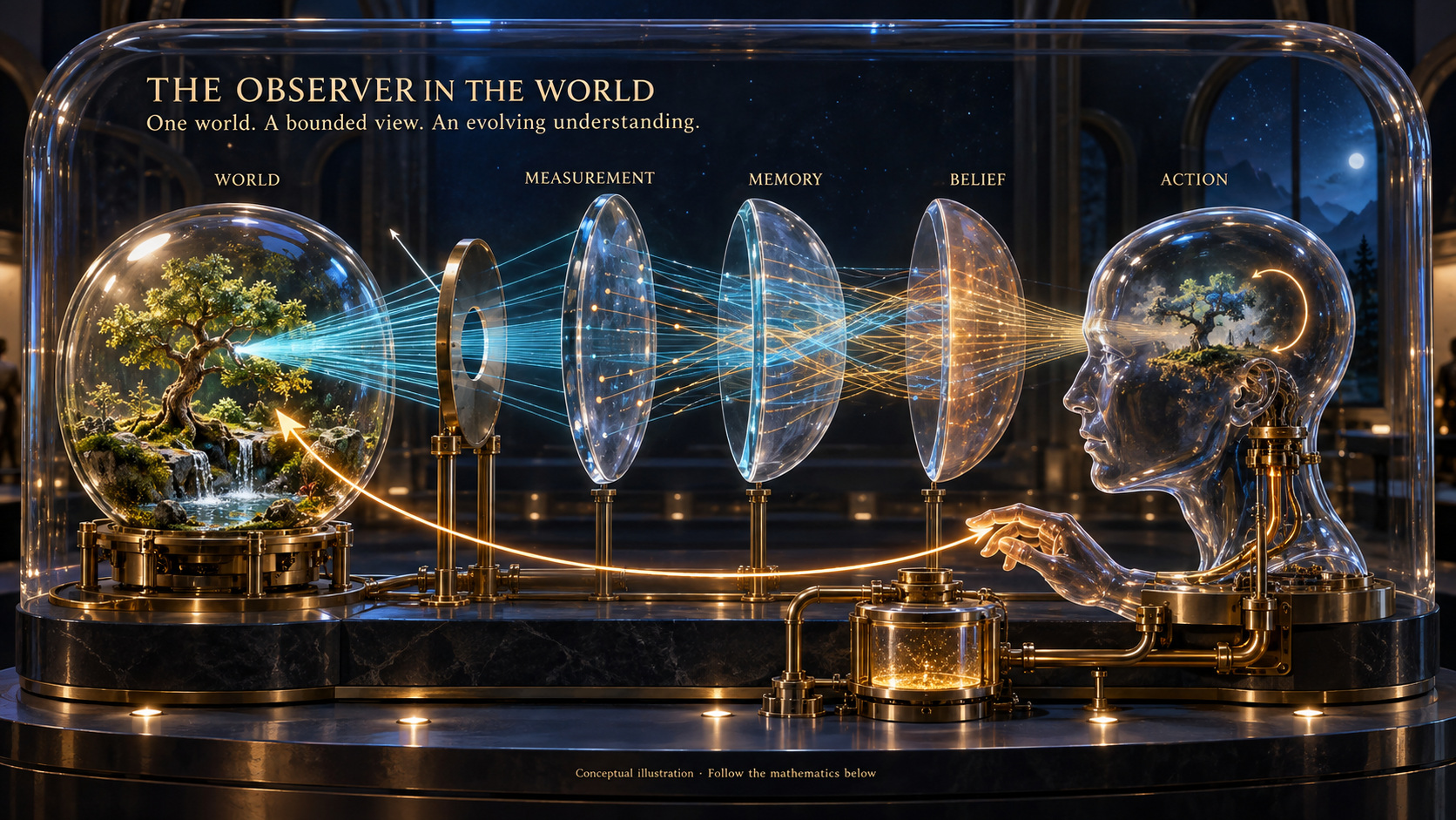 Open the evolving observer loop — a three-dimensional glass exhibit of world, measurement, memory, belief and action
