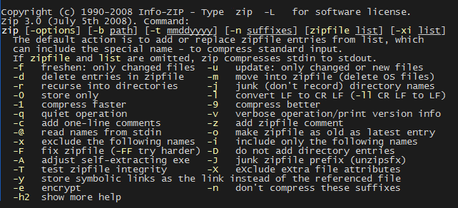 Usage help message with two options per row