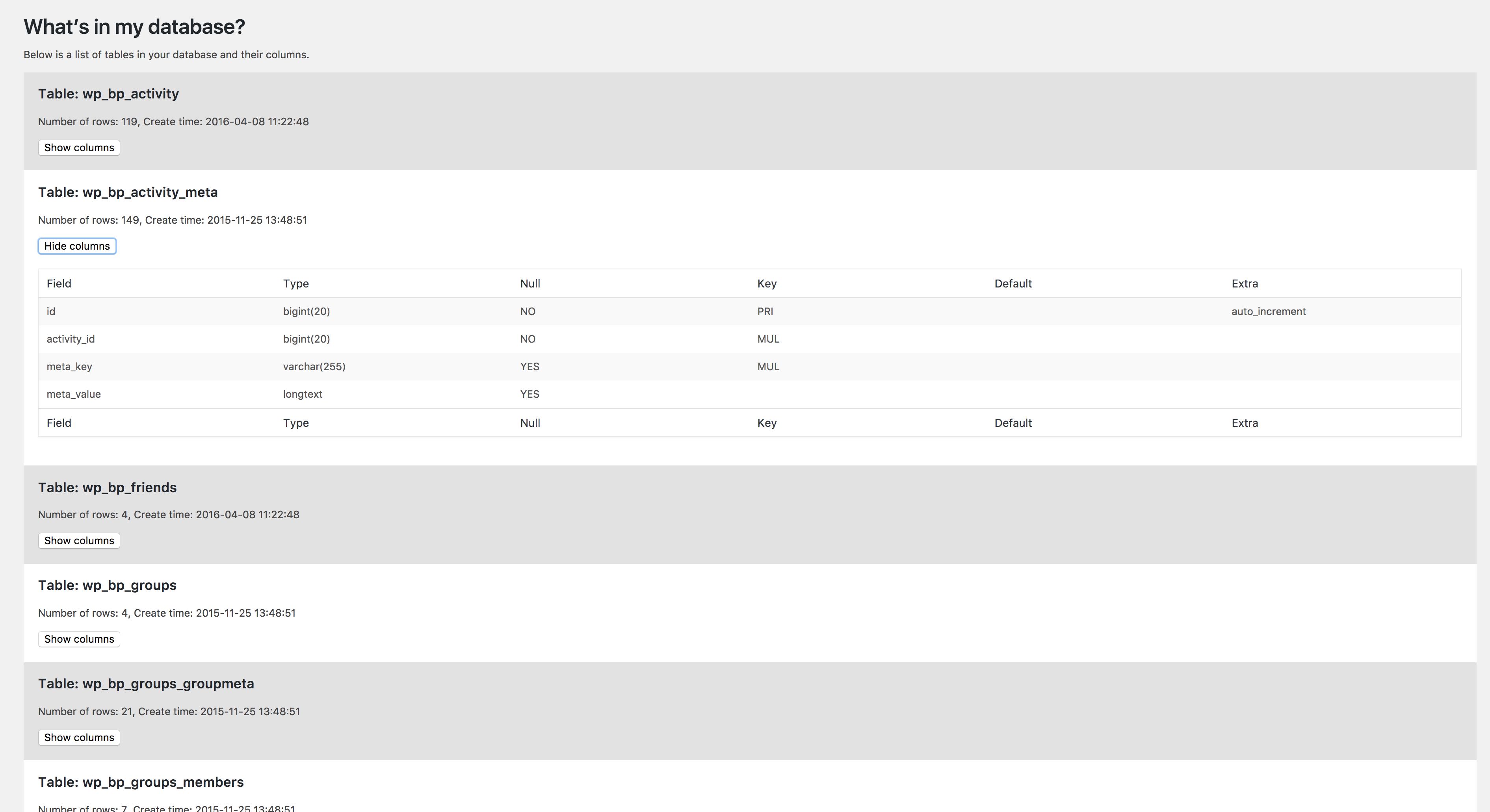 What's in my database tools page