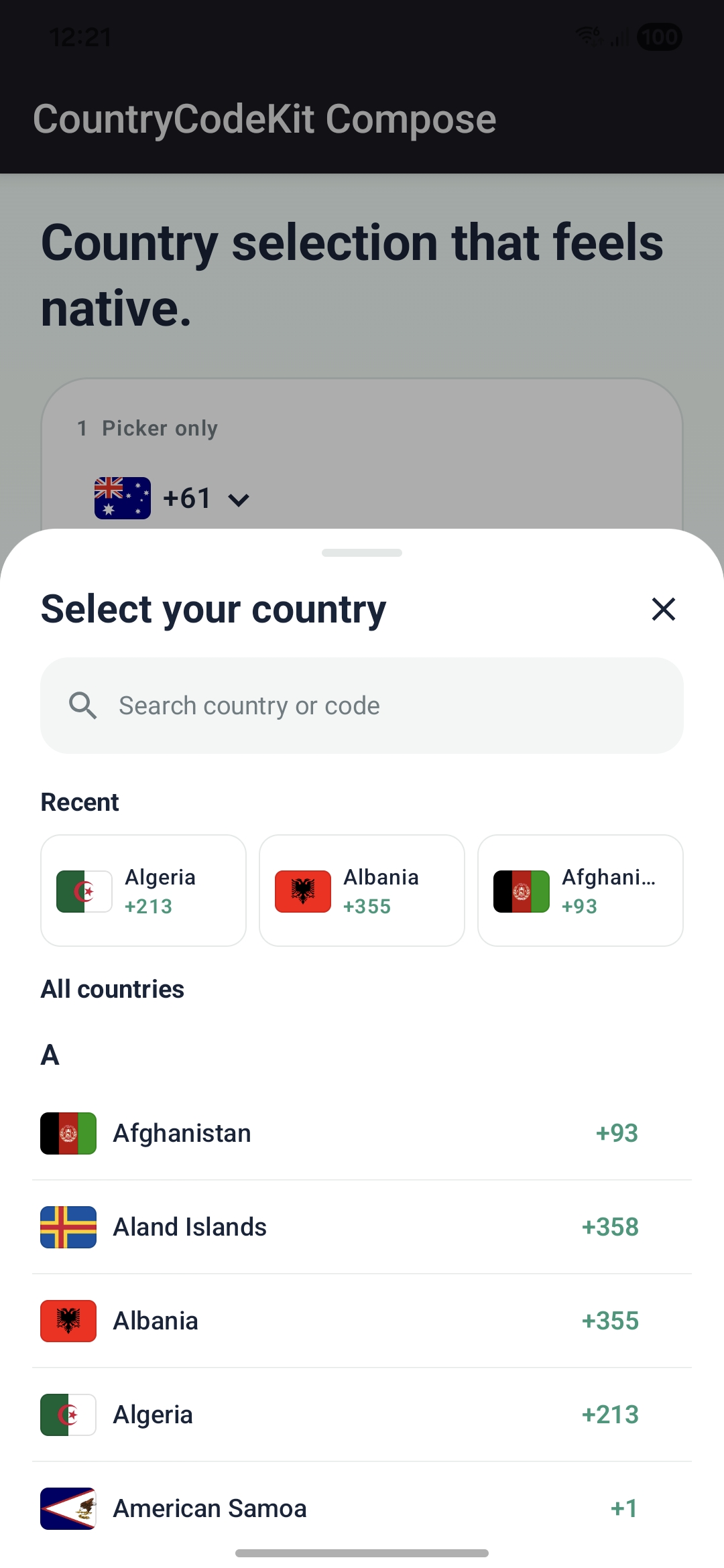 CountryCodeKit Compose bottom-sheet picker