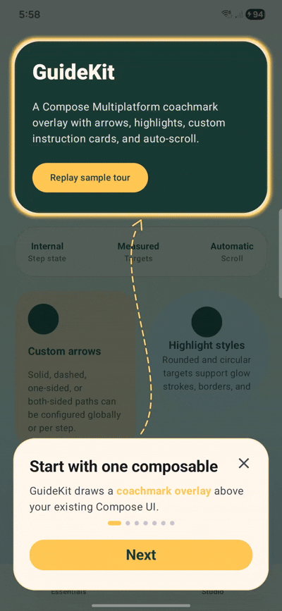 GuideKit demo showing coach marks, arrows, and auto-scroll
