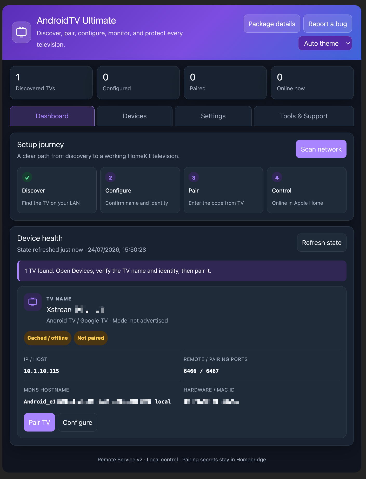 AndroidTV Ultimate dashboard showing setup progress and device health