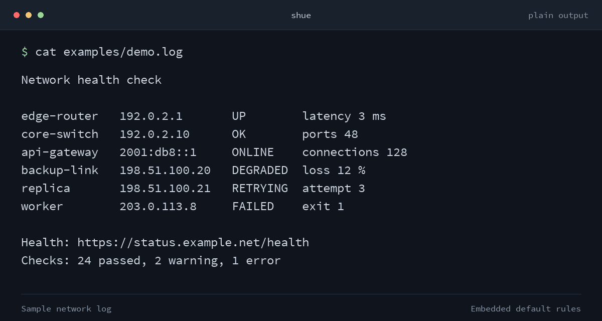shue highlighting statuses, IP addresses, URLs, and numbers in a sample network log