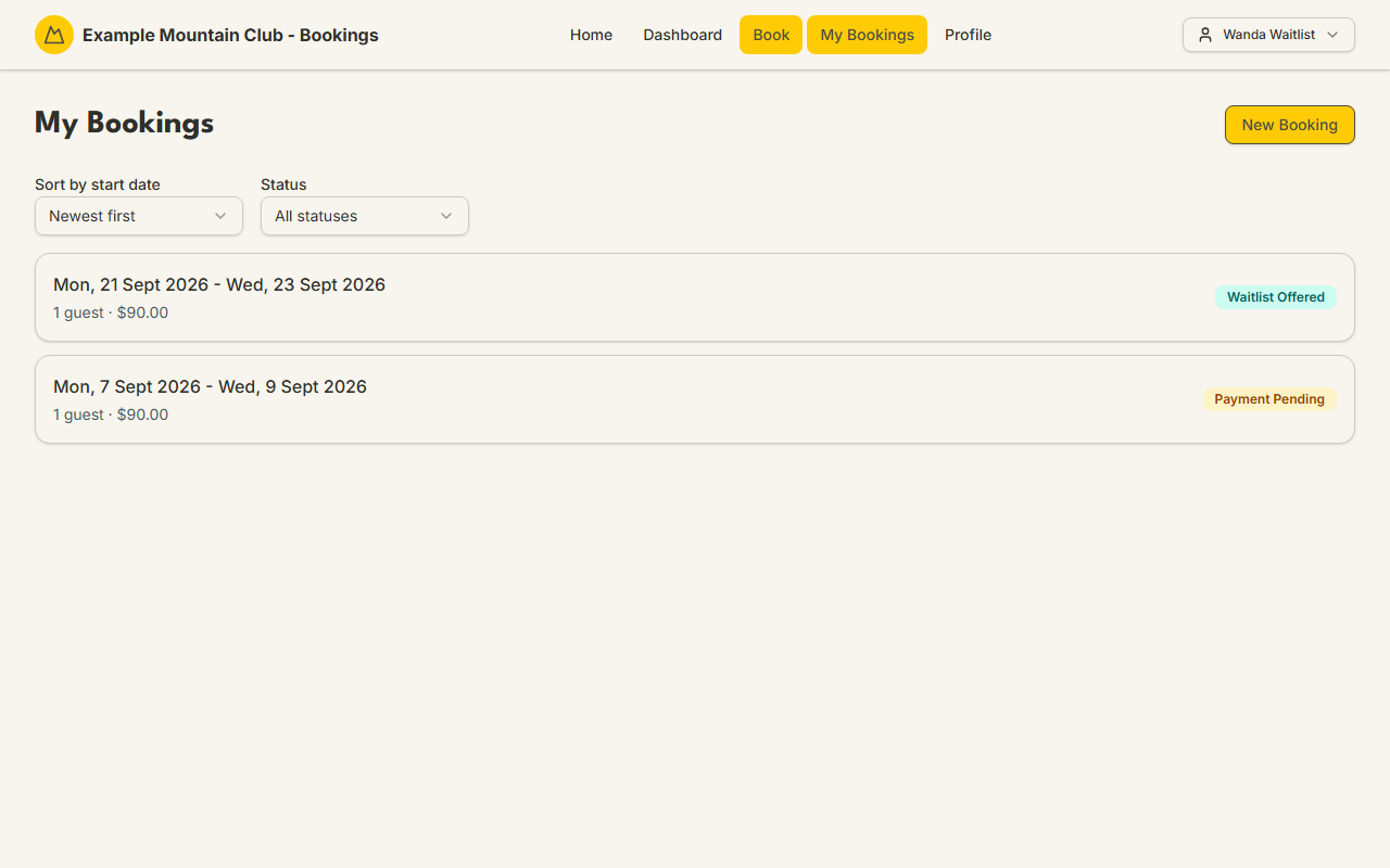 The My Bookings list showing two bookings, one with a Waitlist Offered badge and one with a Payment Pending badge, each with dates, guest count, and price