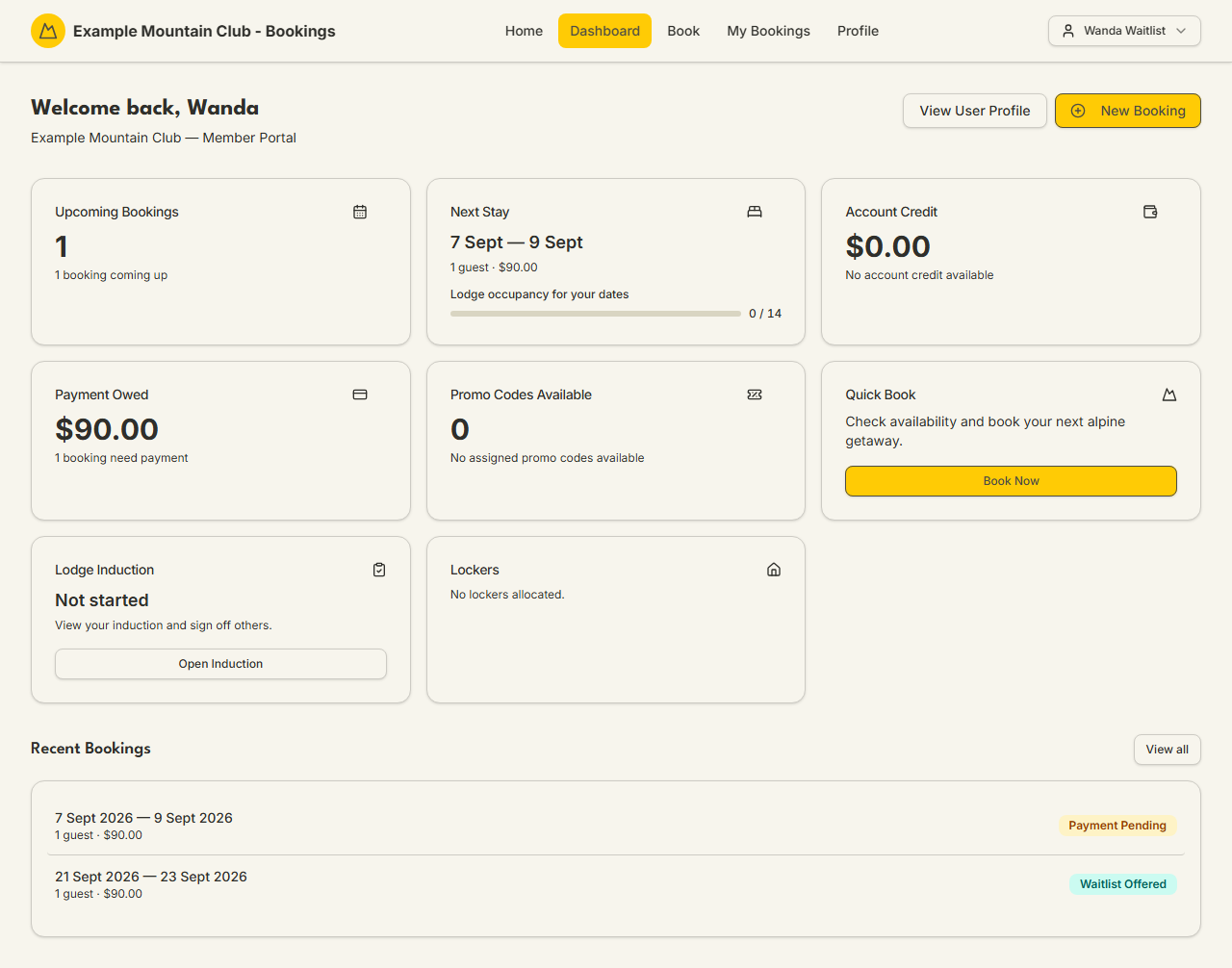 Member dashboard showing a welcome header and cards including Upcoming Bookings, Next Stay with a lodge-occupancy meter, Account Credit, Payment Owed, and Recent Bookings