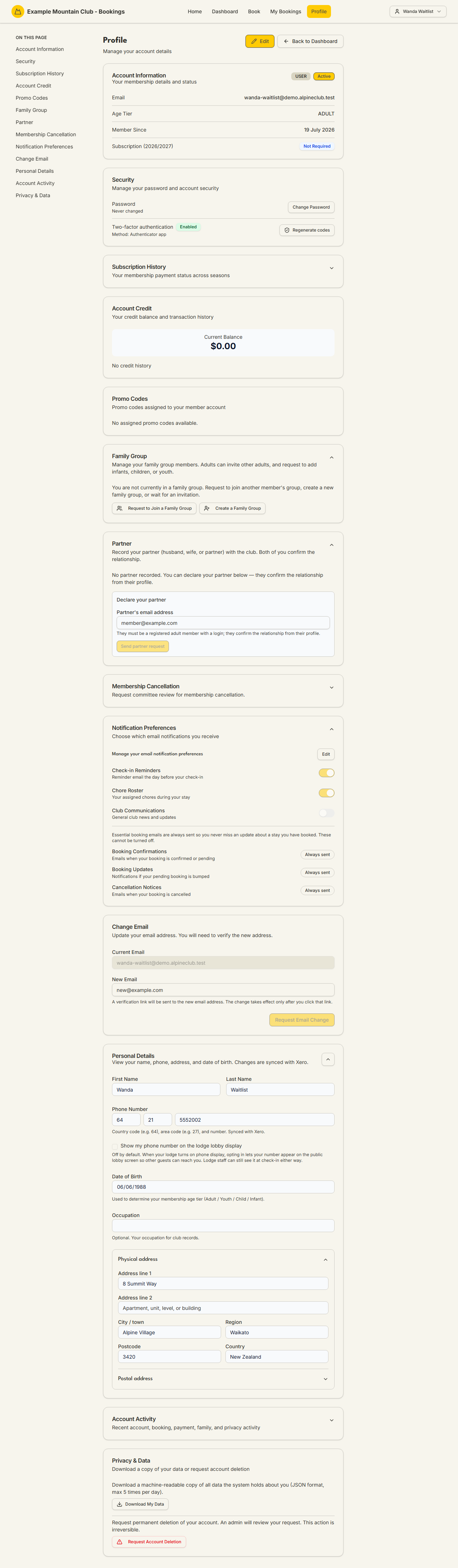 The member profile page showing Account Information, Security, and the section rail listing every profile section