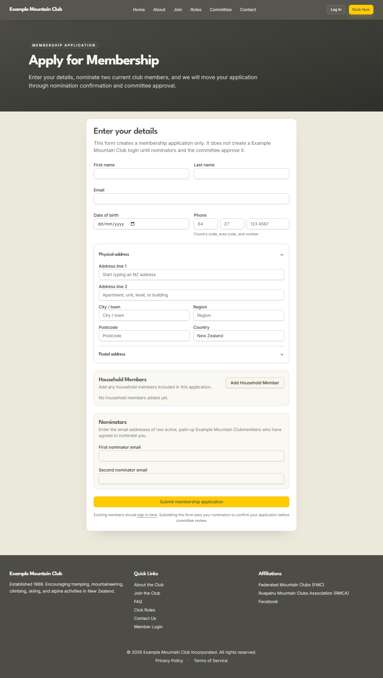 The Apply for Membership form showing name, email, date of birth, phone, address, household members, and two nominator email fields