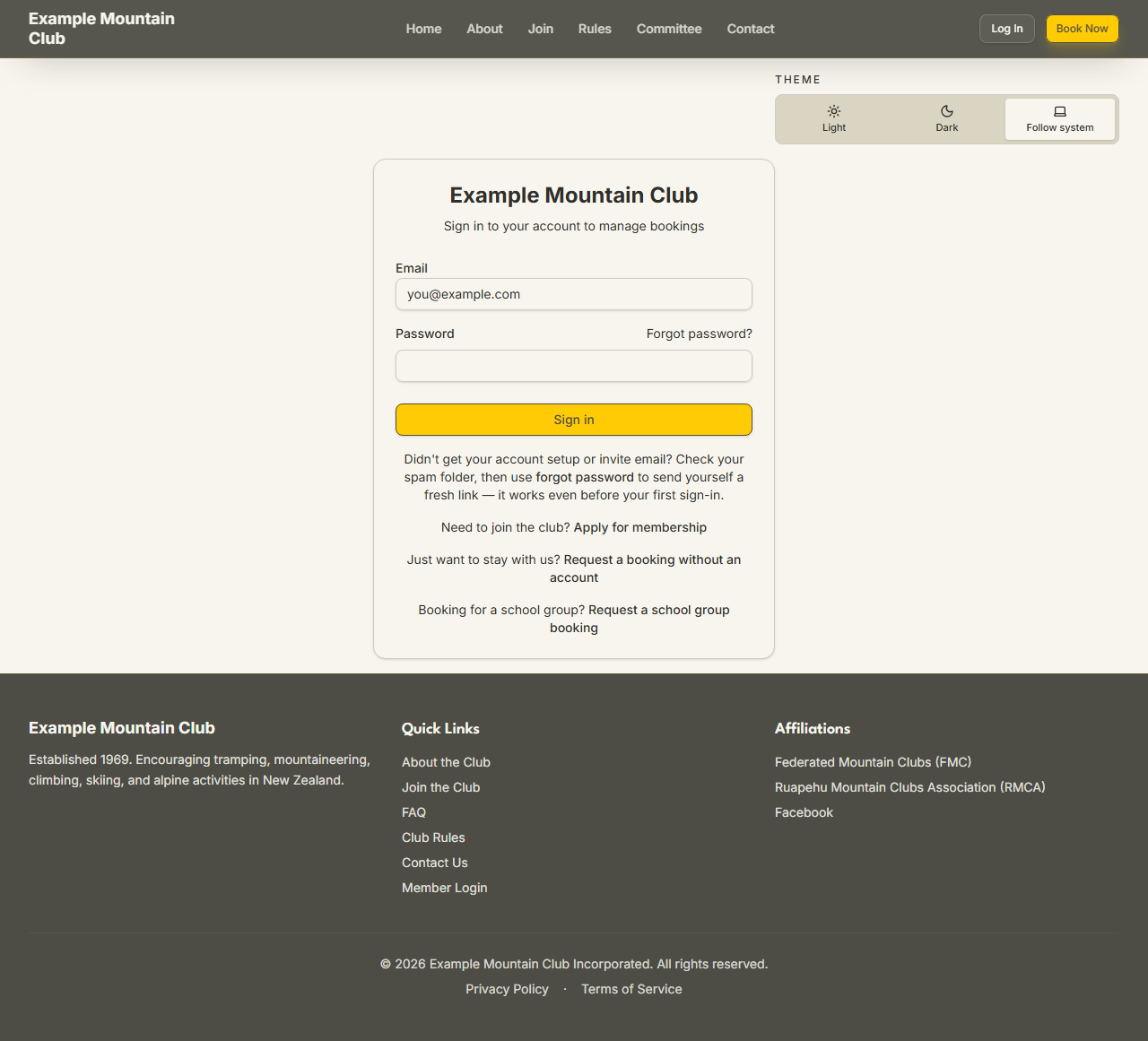 The member sign-in page showing email and password fields, a Forgot password link, and links to apply for membership or request a booking without an account