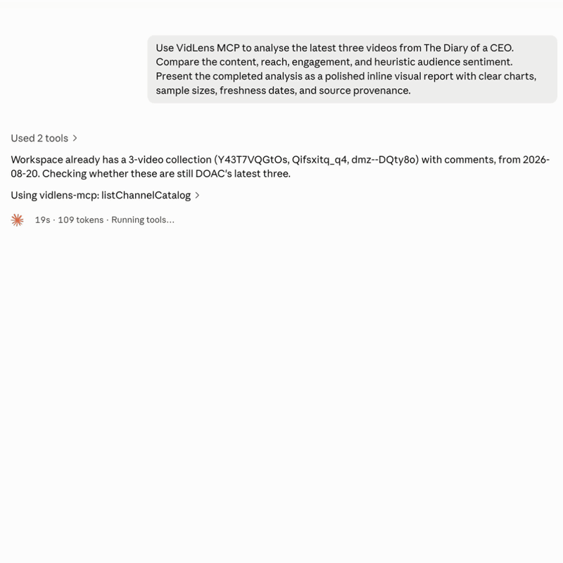 A prompt asks VidLens to compare the latest three Diary of a CEO episodes; the agent works through them and renders an inline report with view charts, per-episode sentiment bars, and a source provenance footer
