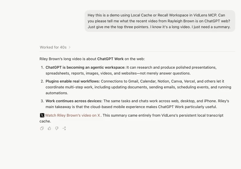VidLens summarizes OpenAI's latest Instagram Reel with the reel title, post date, and verification link