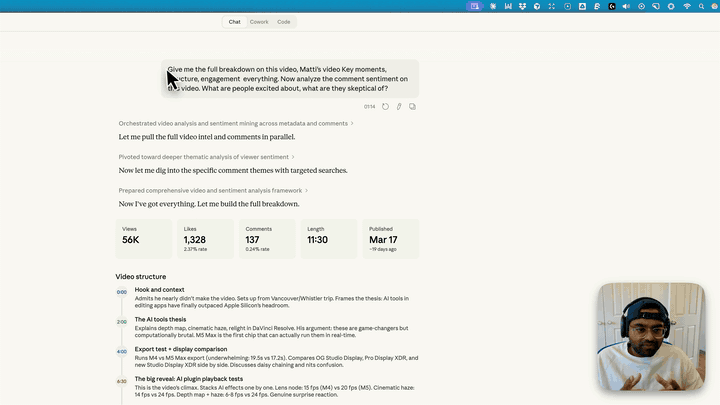 Video intelligence — stats, structure analysis, and comment sentiment