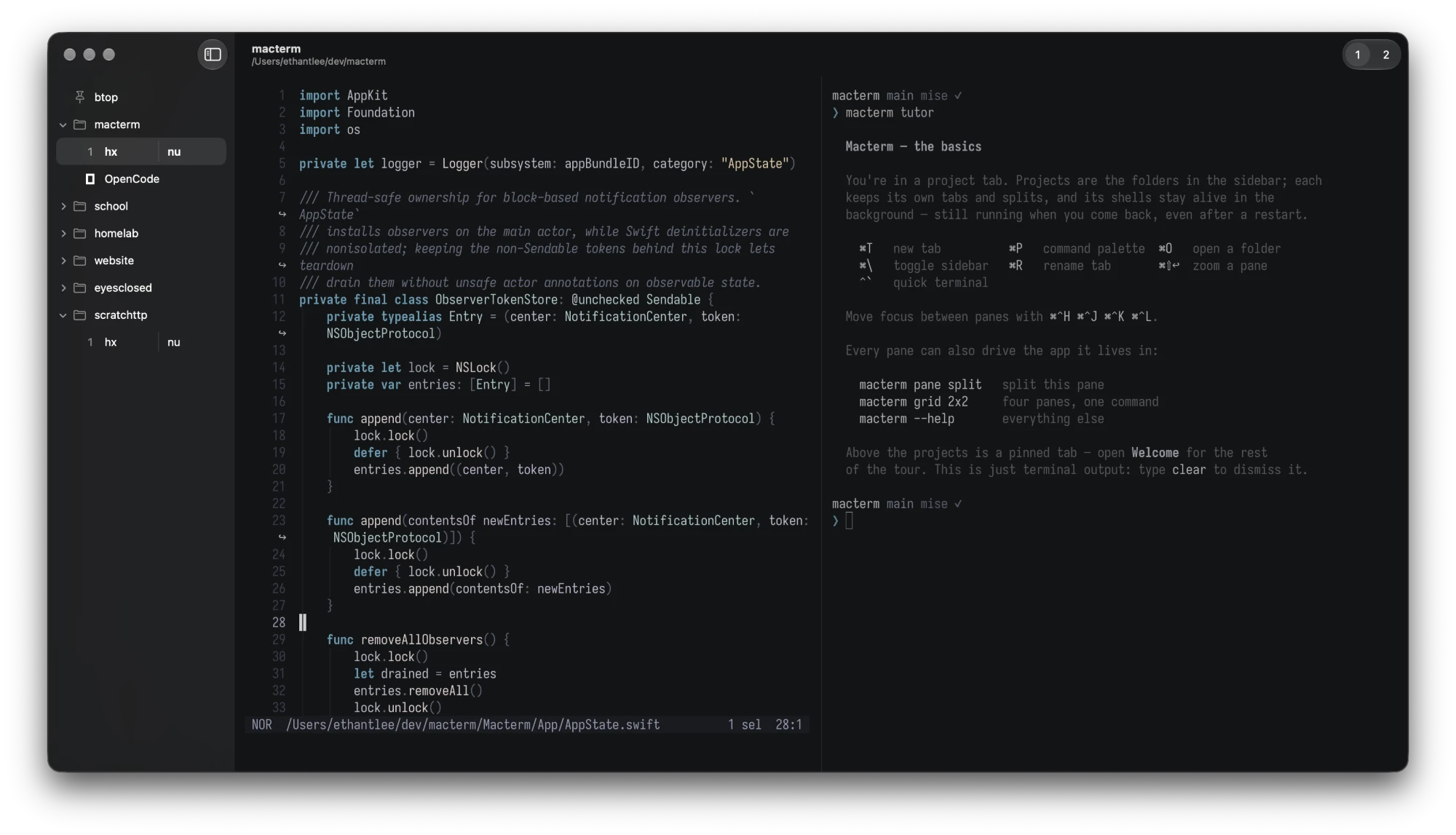 Macterm's vertical project sidebar beside an editor pane and a shell pane