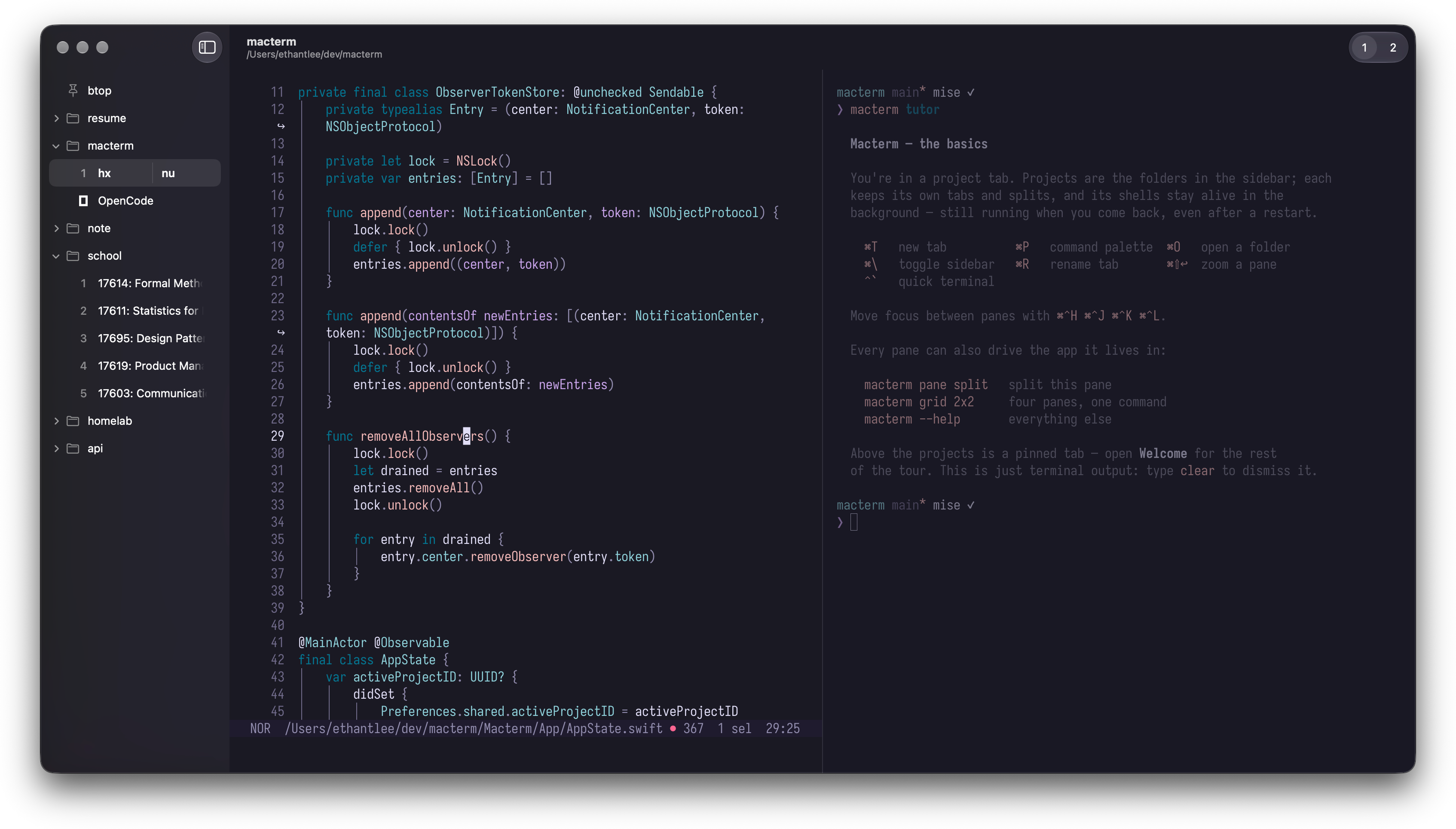 Macterm's vertical project sidebar beside an editor pane and a shell pane