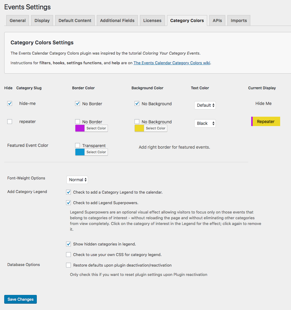 The Events Calendar: Category Colors Settings tab 