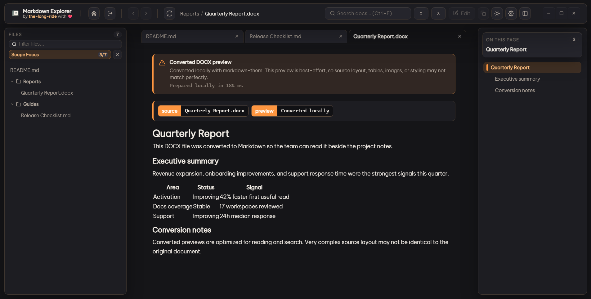 Converted document preview with best-effort quality notice