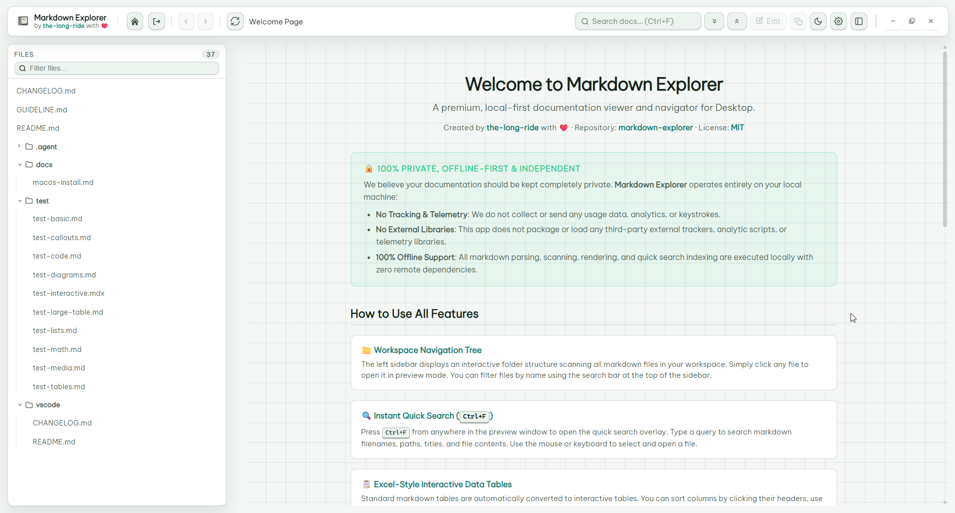 Markdown Explorer welcome page with help section