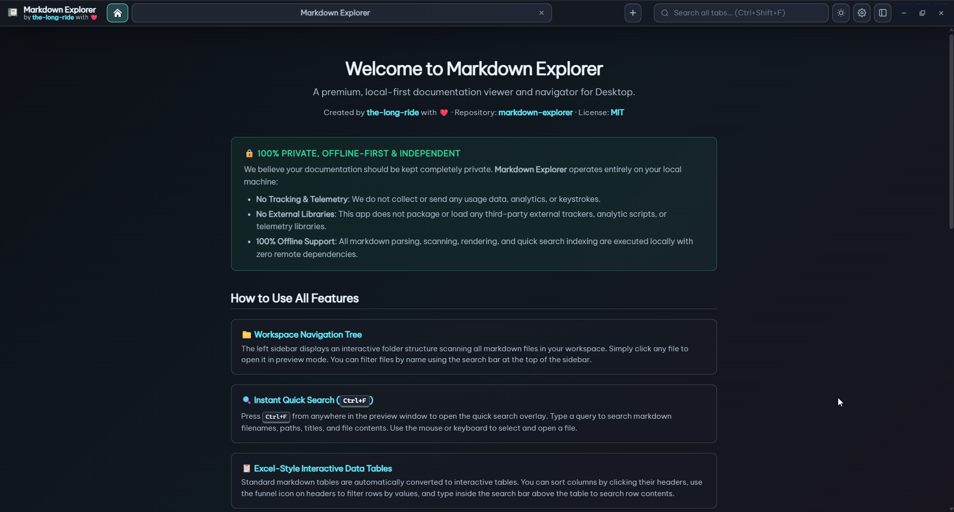 Markdown Explorer homepage with workspace navigation and reading layout