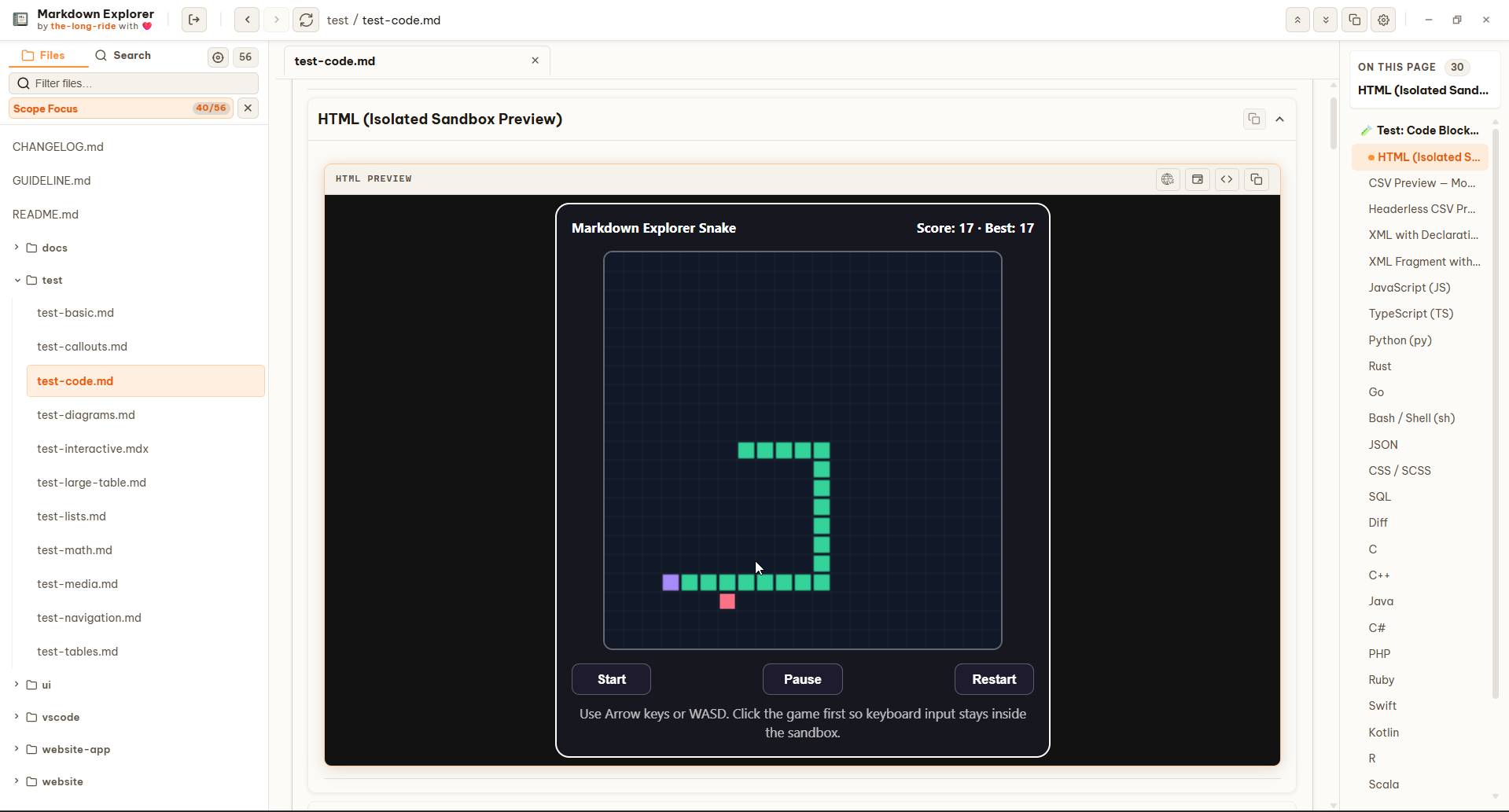 Interactive HTML sandbox in Markdown Explorer