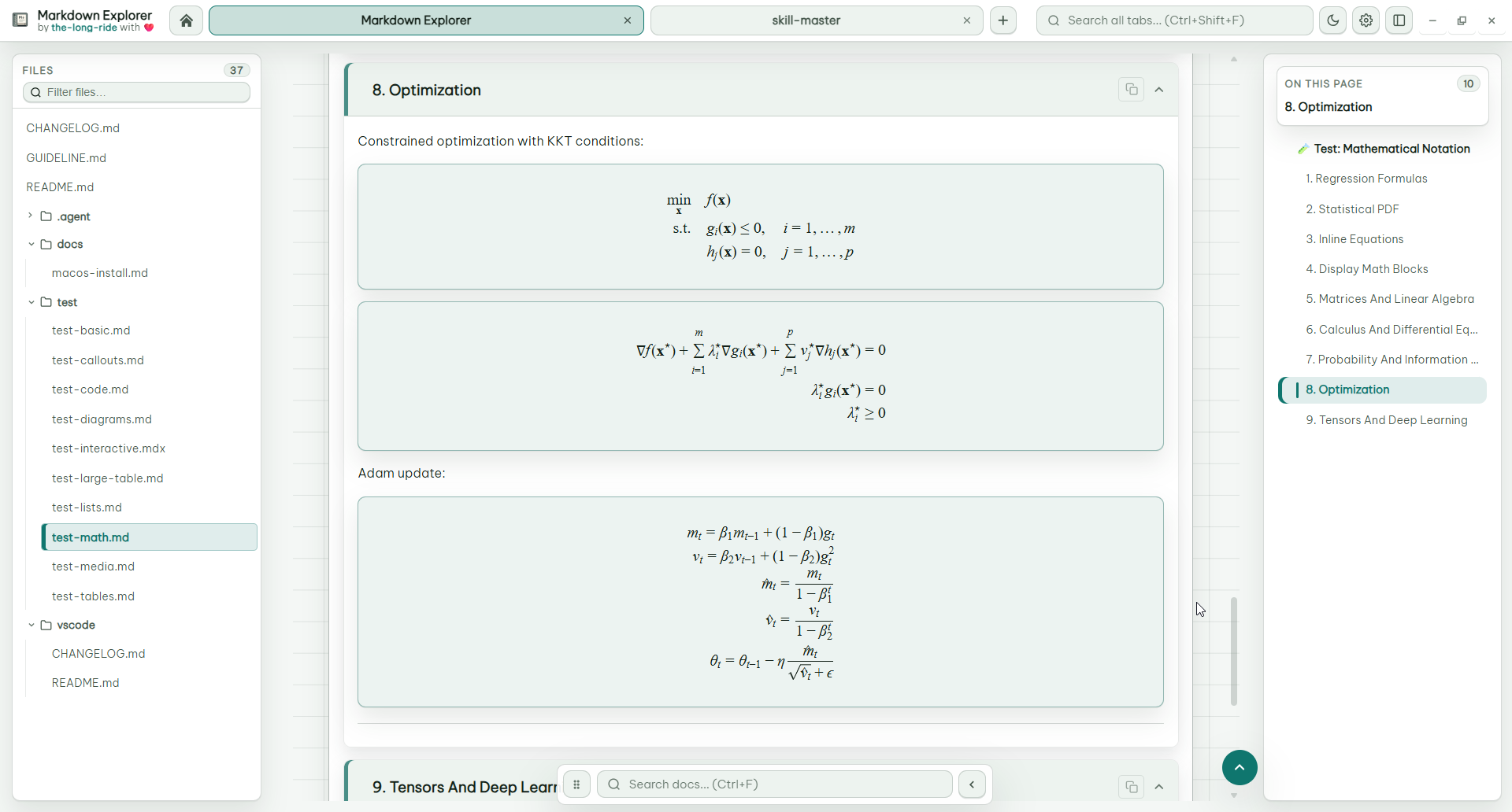 LaTeX math formulas rendered in Markdown Explorer