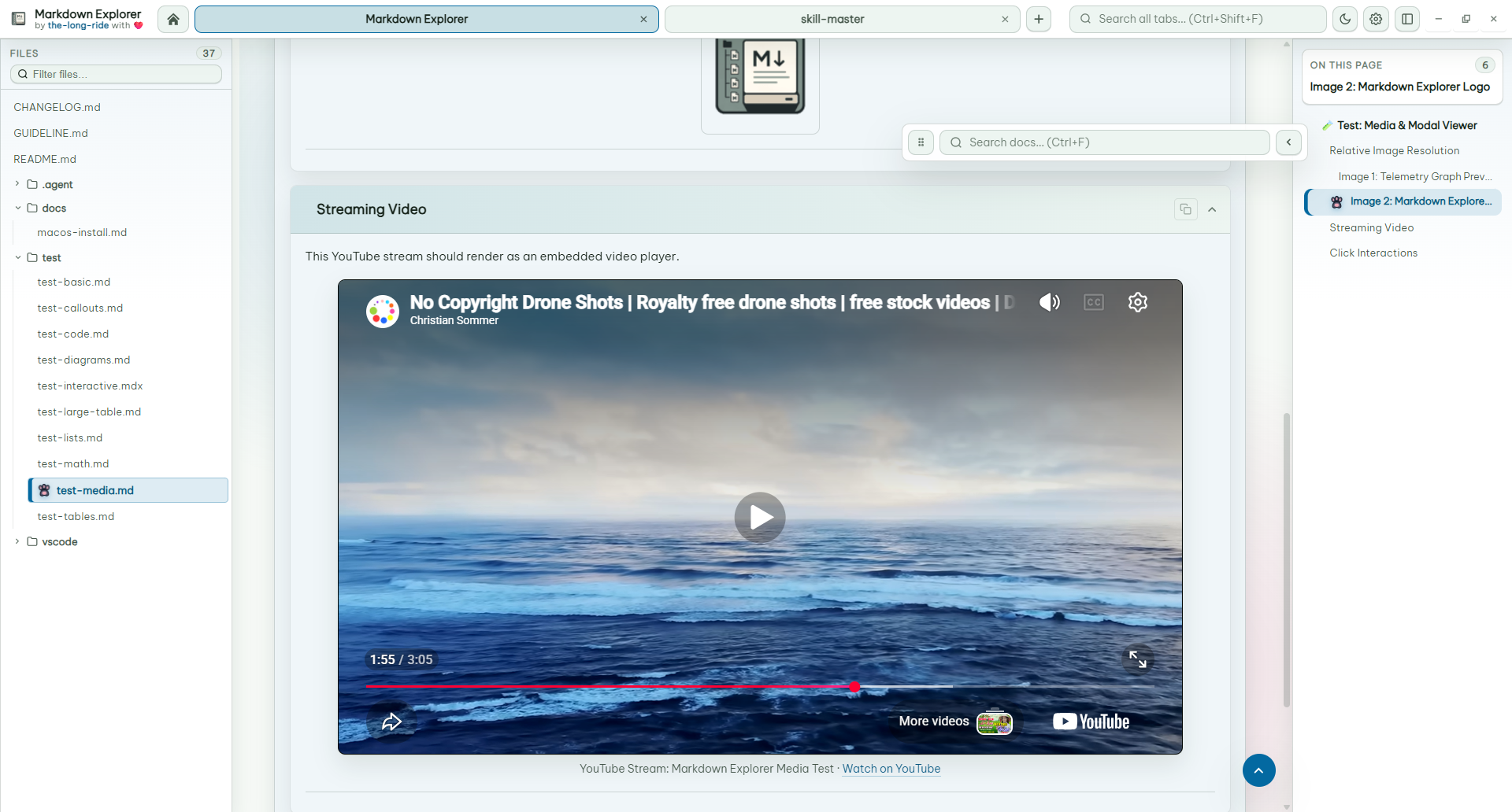 Streaming video preview inside a Markdown document