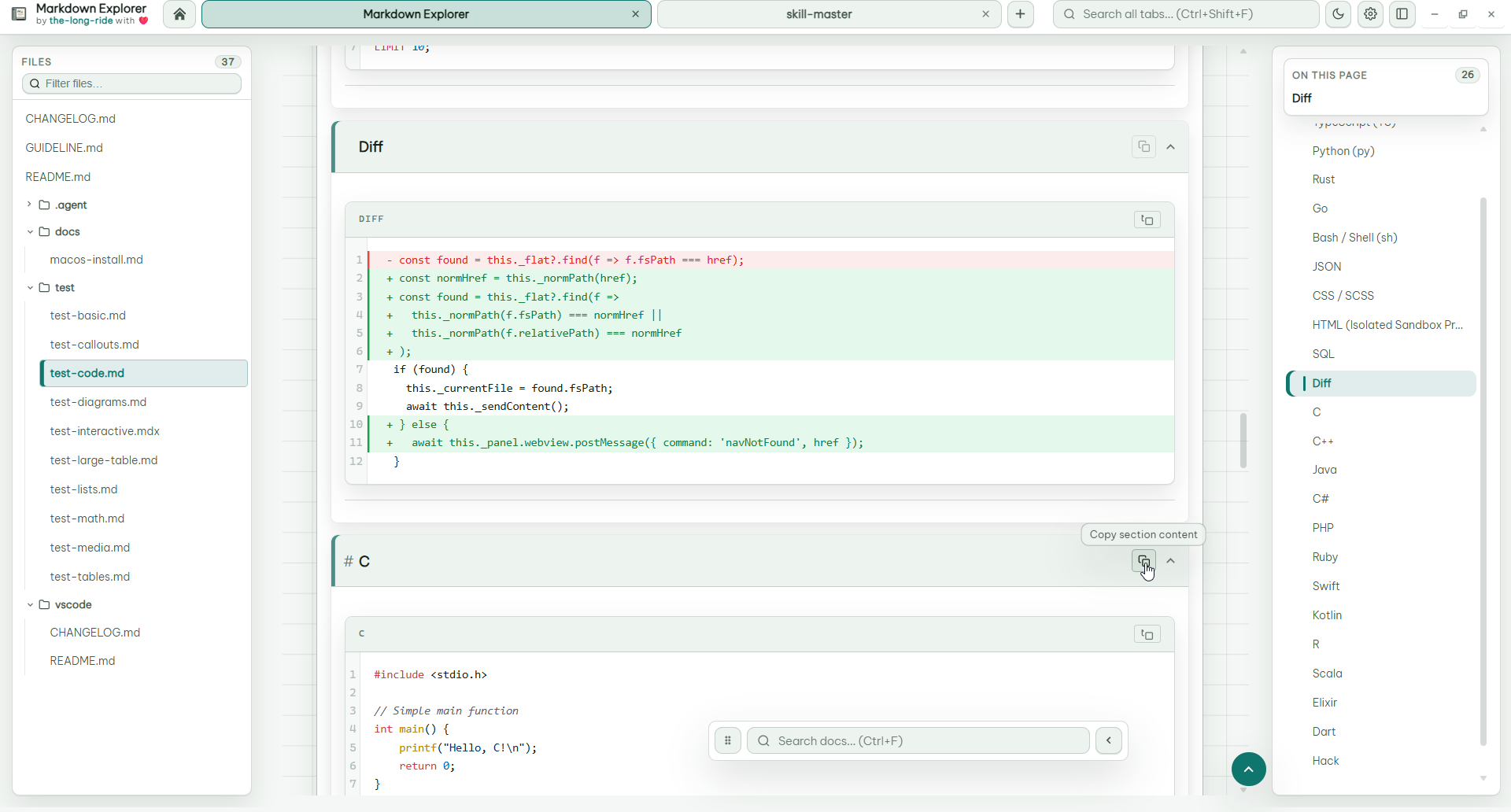 Markdown Explorer code block formatting example