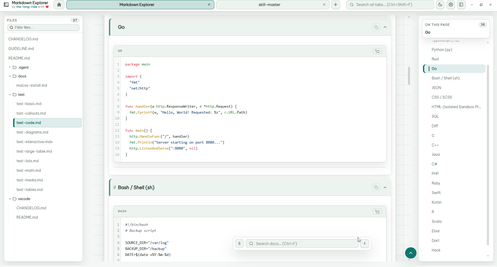 Markdown Explorer highlighted programming language sample