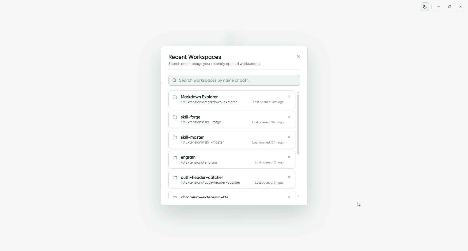 Desktop workspace selection with recent folders