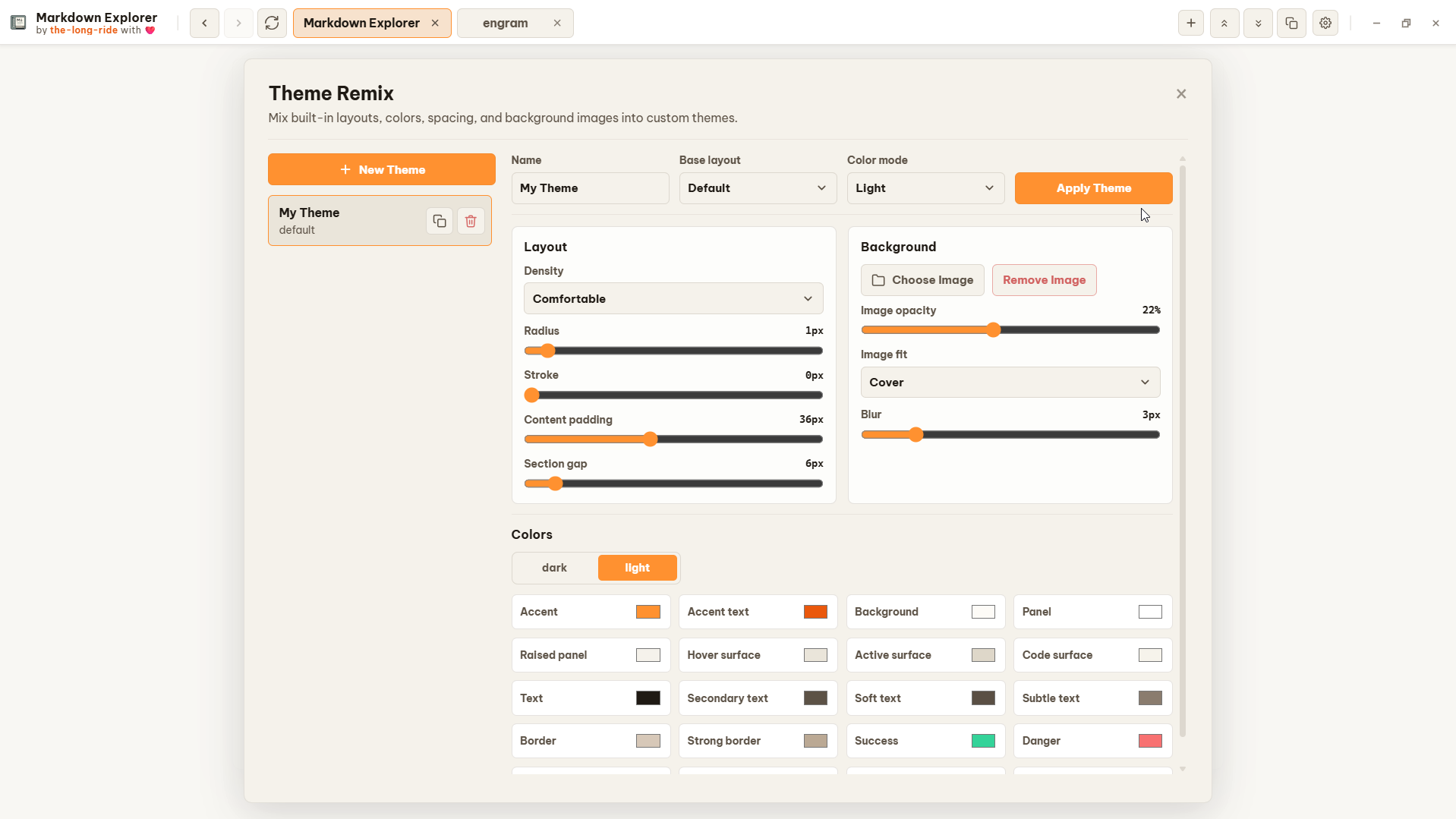 Theme Remix settings for custom Markdown Explorer themes