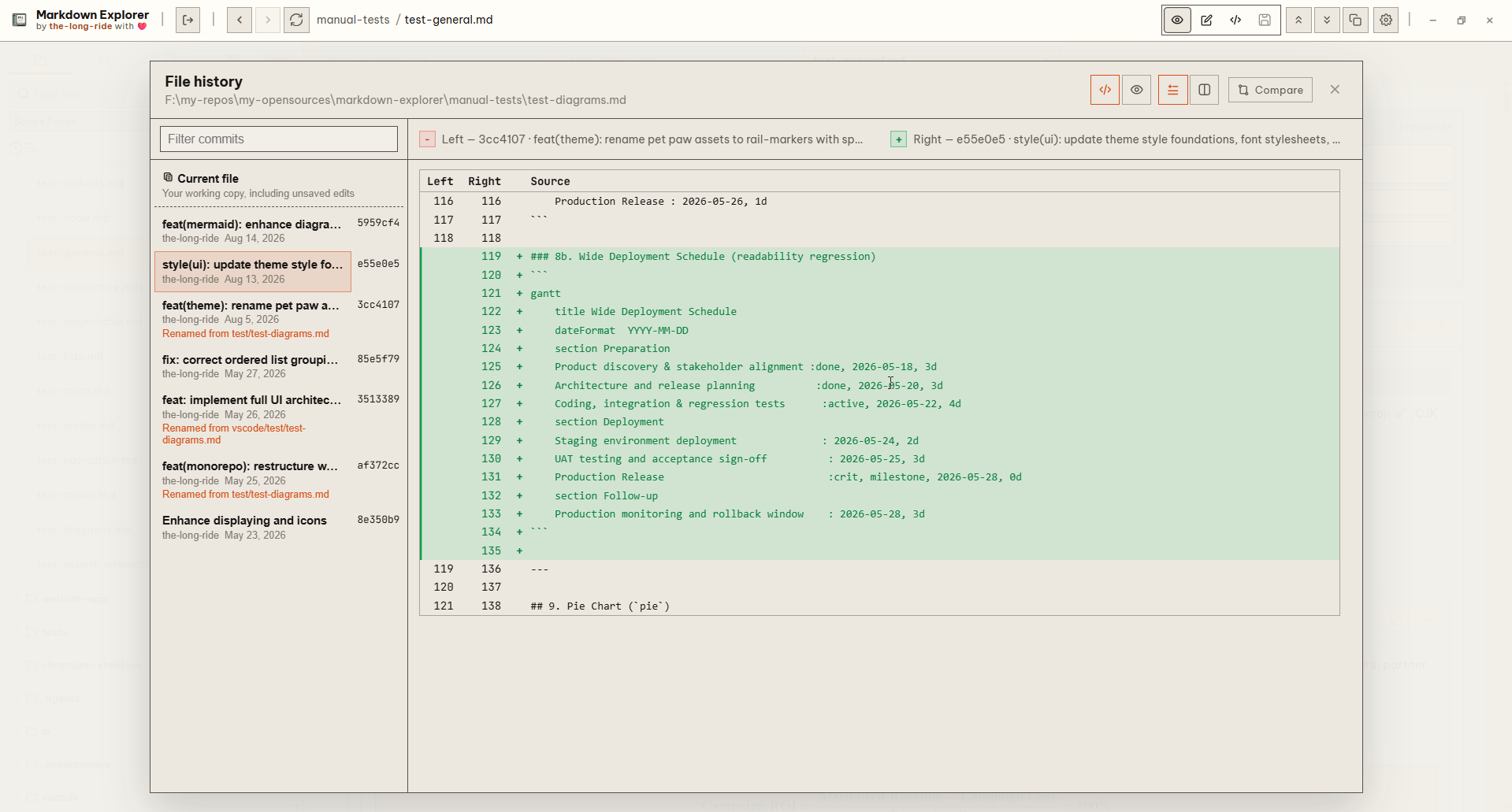 Per-document Git history and revision diff comparison