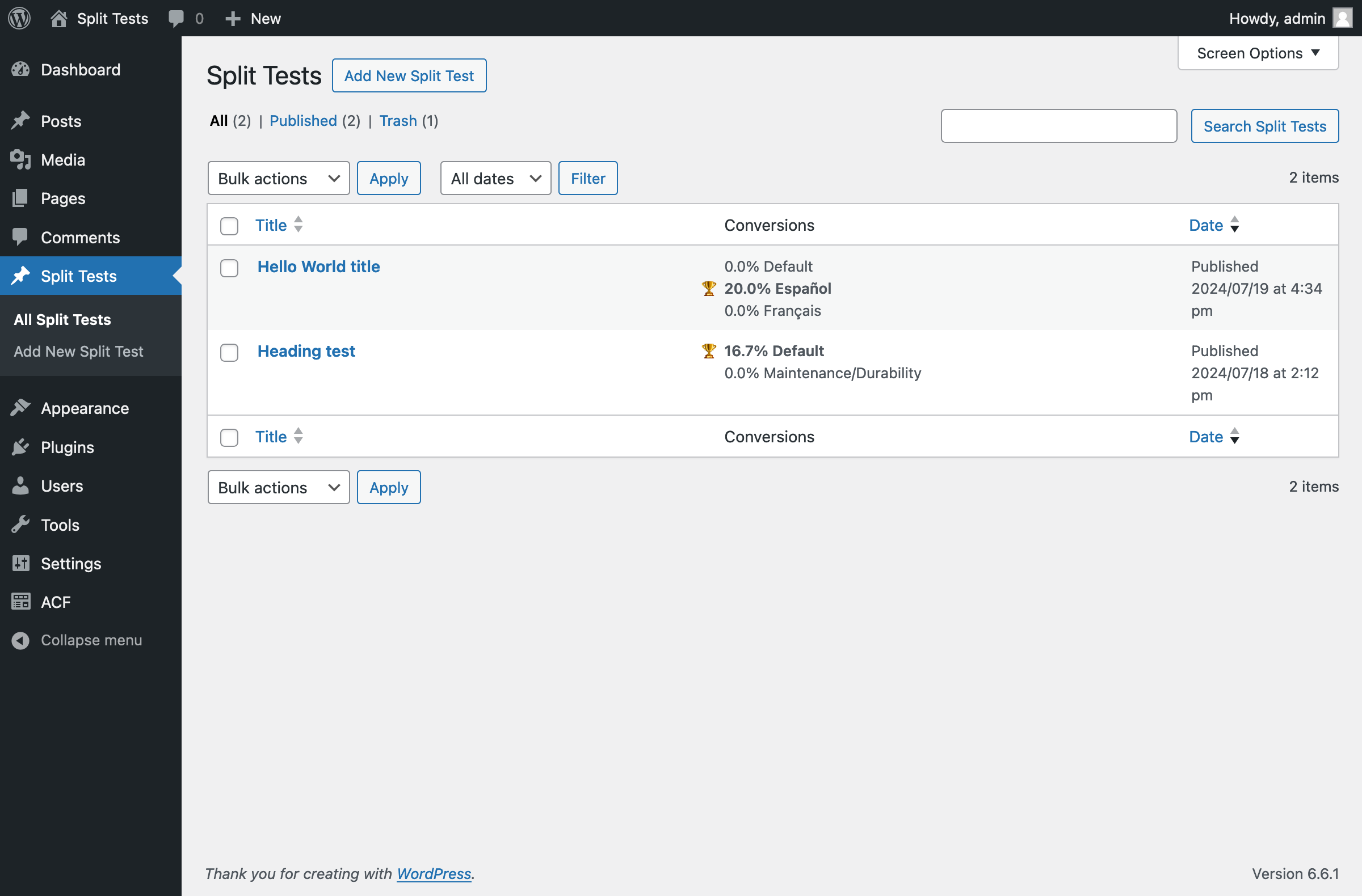 Split Tests posts page